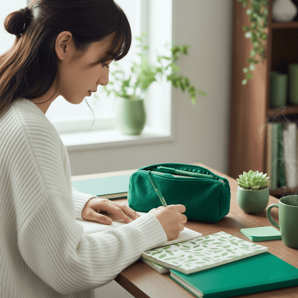 推しカラーで文具を統一した女性